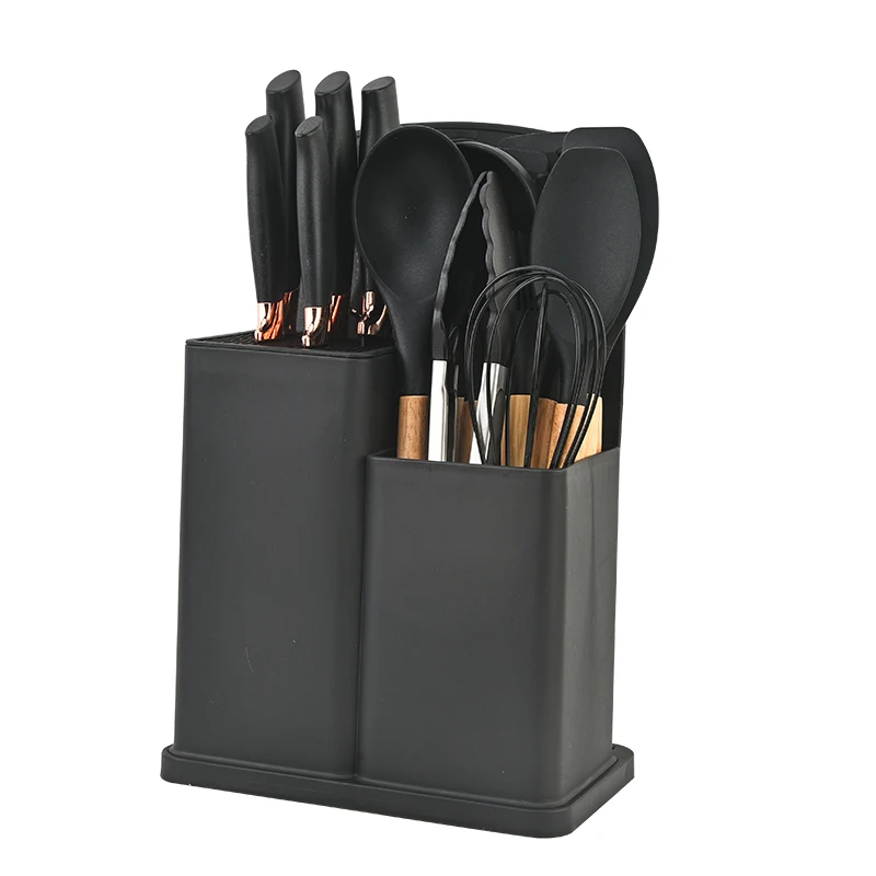 YF Easy cleaning and space-saving silicone kitchen tools set wooden handle Kitchenware with scissors and knives 19-pcs set