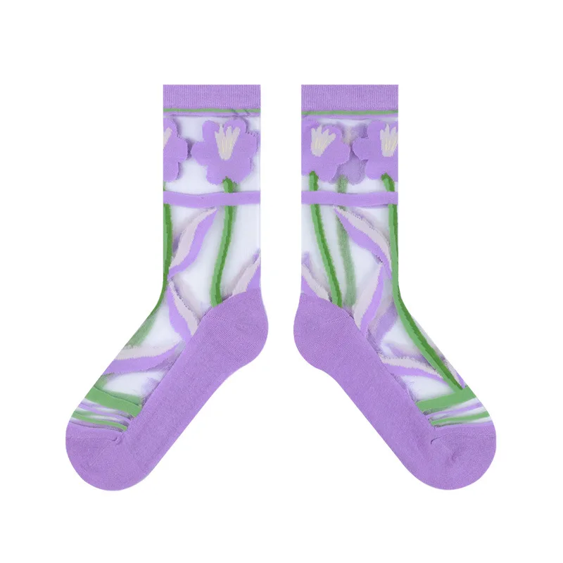 Wholesale Summer Women Tulip Flower Design Thin Nylon Crystal Sheer Socks Transparent Socks