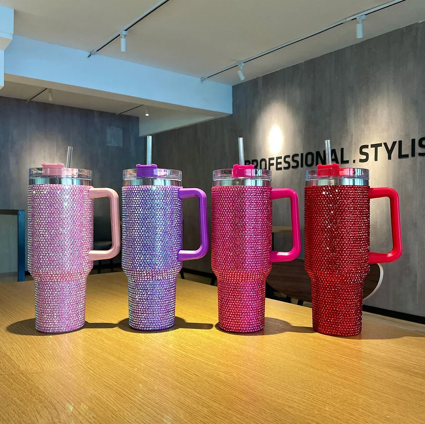 Wholesale Premium Rhinestones Tumbler Stainless Steel Mug Cup Pattern 40 oz Cup with Handle and Straw