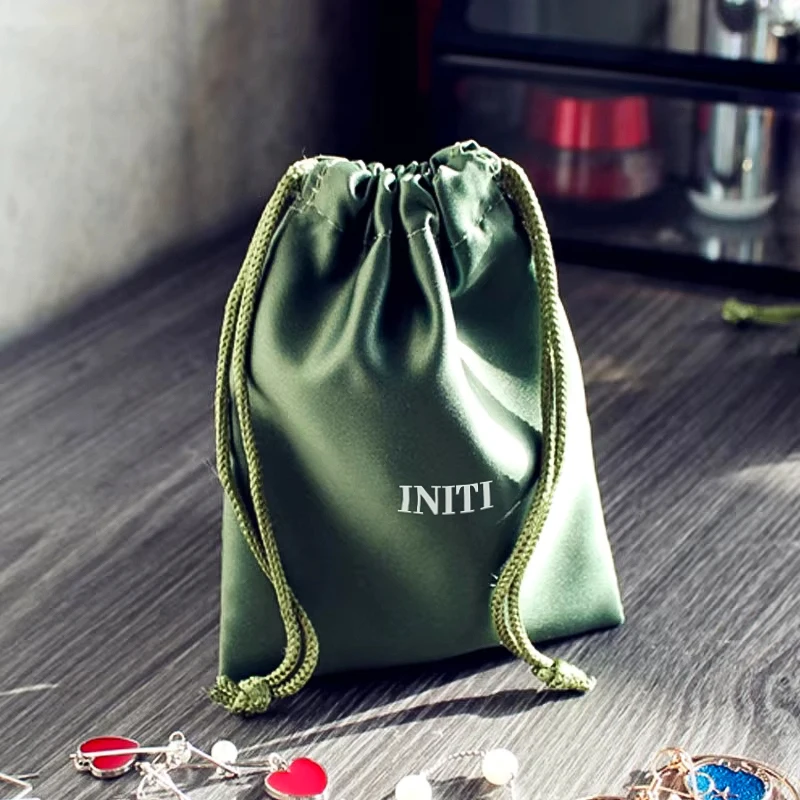 Dustproof Drawstring Storage Skincare Bag Green Bundle Satin Pouch Silk Drawstring Bags with Logo for Hair Wig Jewelry Packaging