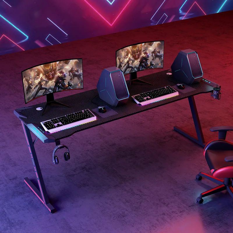 High Quality RGB Standing Gaming Desk Executive Office Computer Table Z-shaped Gaming Table With headphone stand