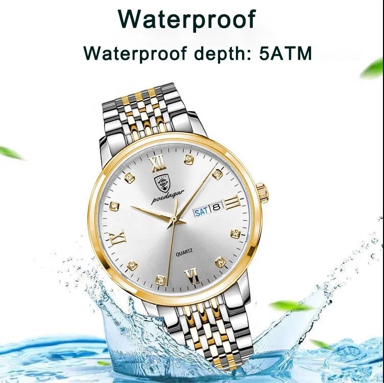Luxury Business Men Date Week Stainless Steel Waterproof Luminous Wristwatch Quartz Watch for Men