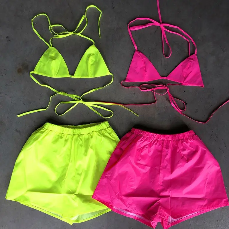 reflect cropped tops and shorts ets 2021 Summer reflective  green two pieces sets holiday womens clothing outfits