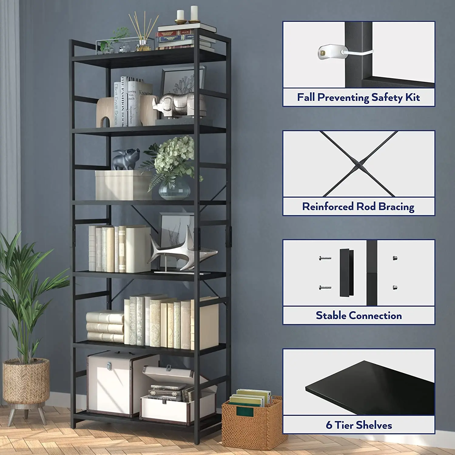 Storage Shelf Racks 6 Tier Vertical  Bookcases Modern Book Shelf for Bedroom Living Room and Home Office