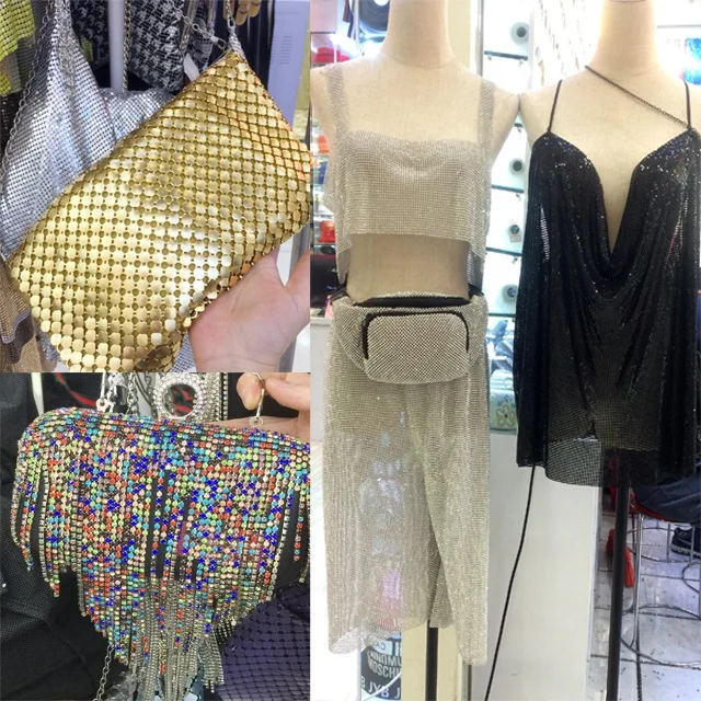 S106 pattern Bling Bling Metallic Sequin Table Cloth Aluminum Metal Mesh Chainmail Fabric For Party dress Wedding Decoration