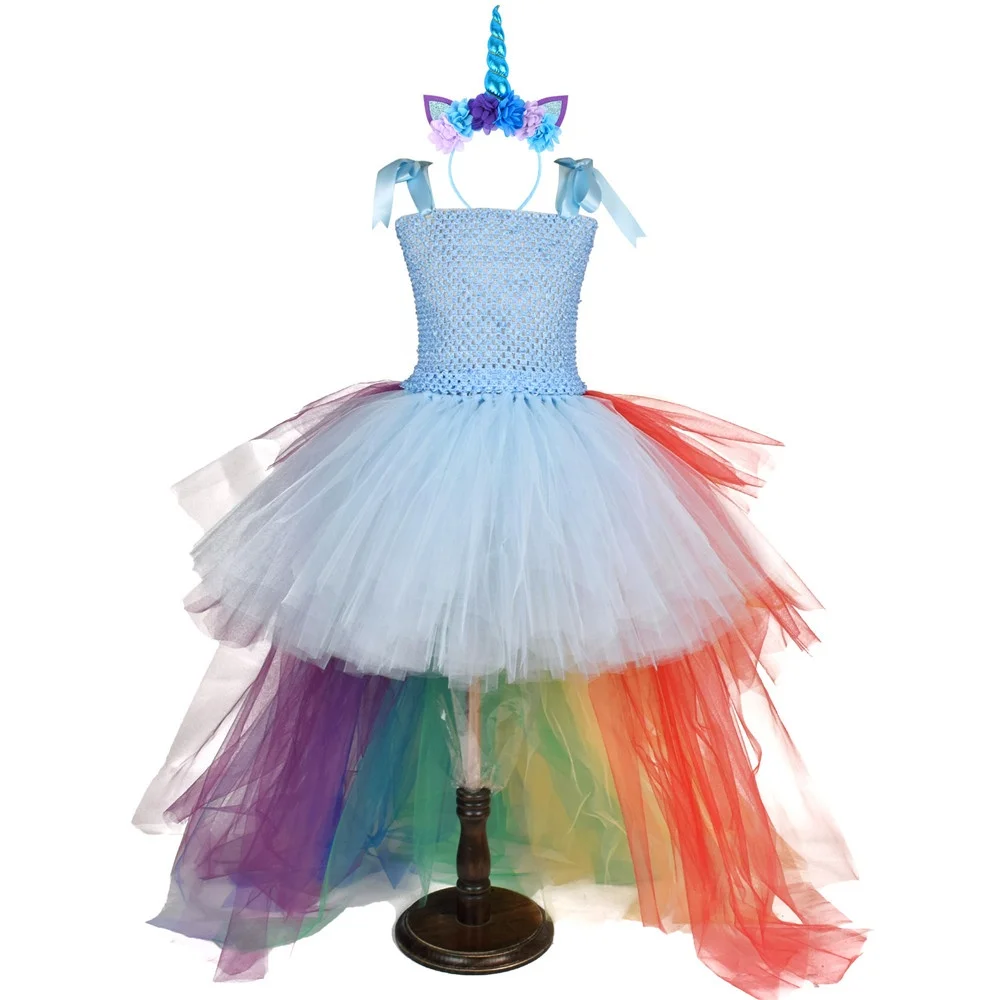 Long Trailing Unicorn Bustle Tutu Dress Girls Rainbow Birthday Party Photo Dresses Kids Perform Costume For Special Holidays