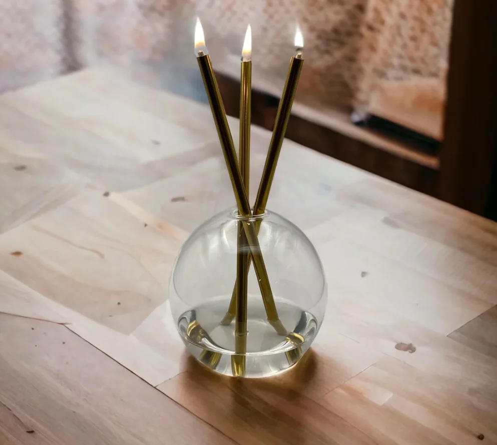 C&H Never Ending Candle Clear Globe Glass Jar with Gold Rods Set