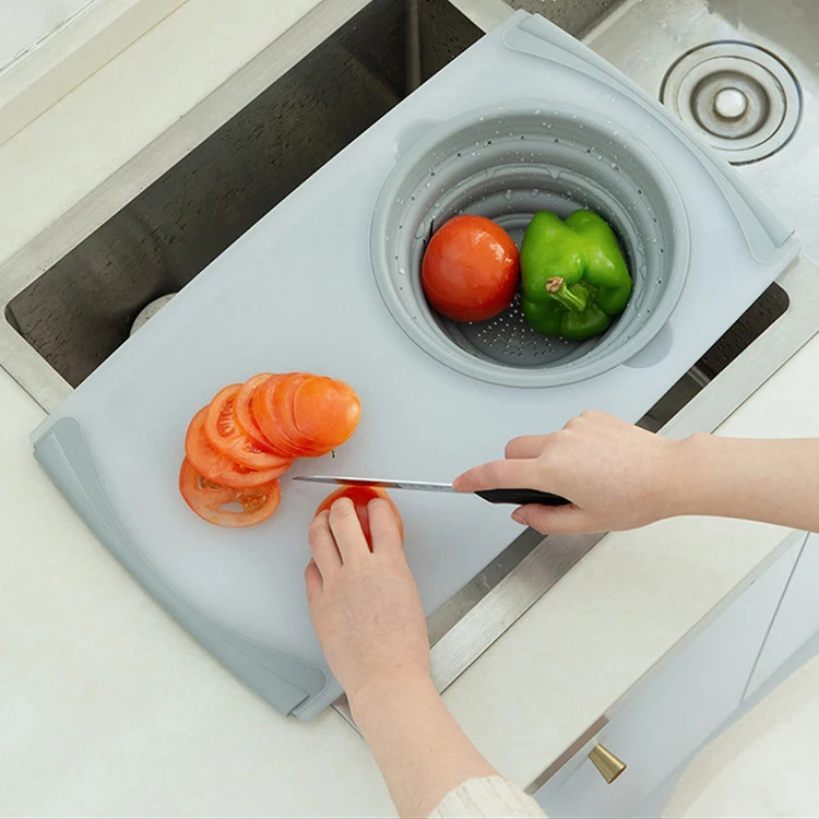 3 in 1 Collapsible Sink Drain Basket Cutting Board Filter Chopping Blocks Meat Vegetable Fruit Basket Storage