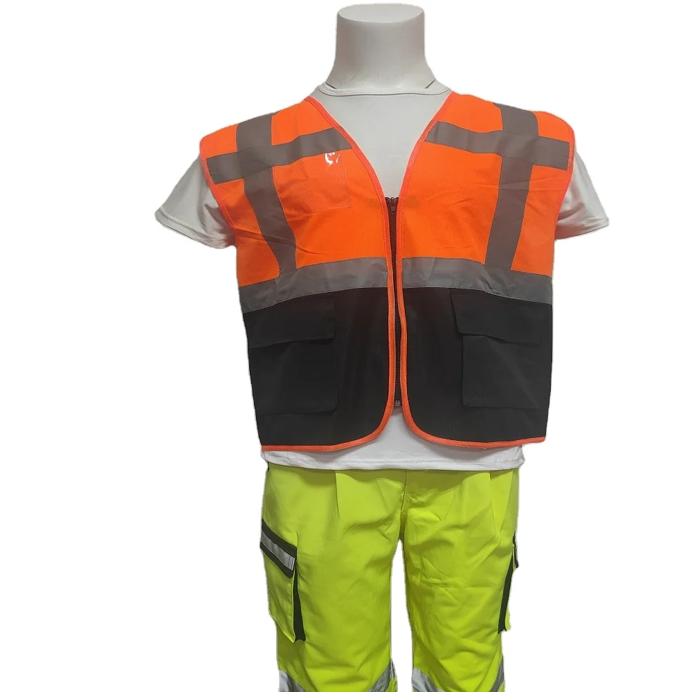 Engineer Safety Vest Free sample 120GSM zipper closure multi pockets high visibility road safety reflective vest
