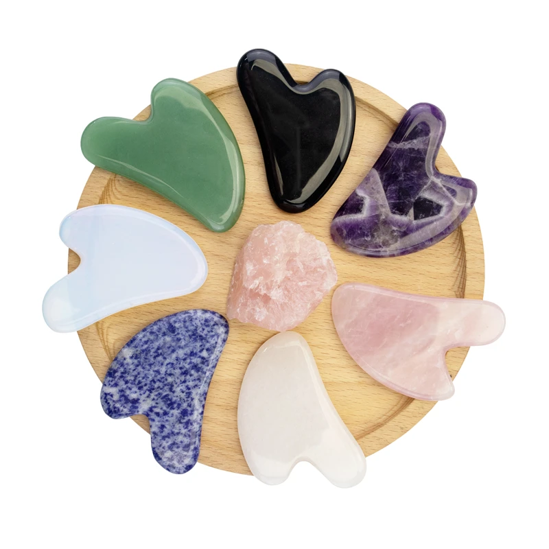 Multi-materials Anti-aging Crystal Facial Guasha Pure Natural Rose Quartz  green blue white Jade  Massage Guasha With Low MOQ