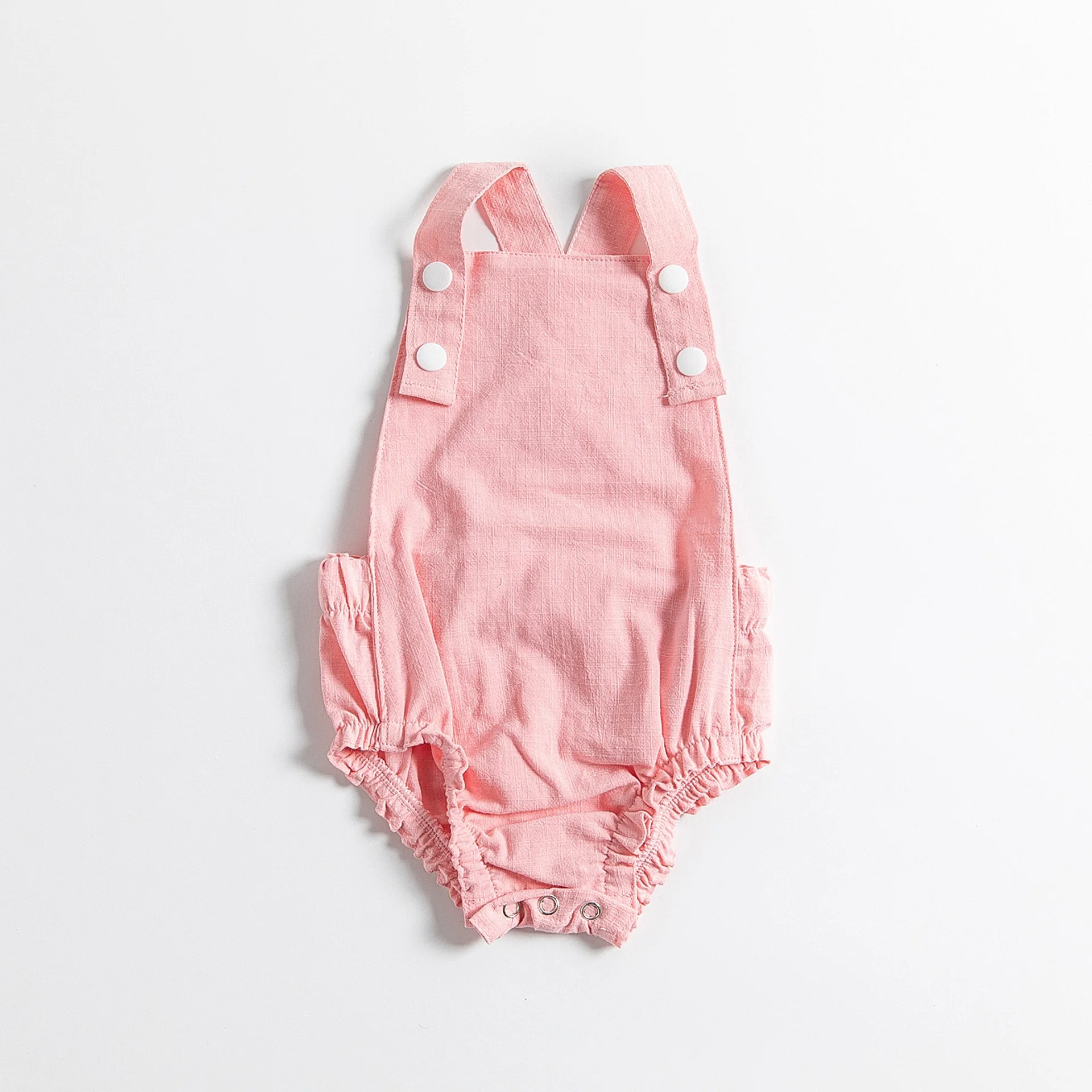 Summer infant girls solid linen romper sleeveless Suspender ruffle braces romper cross back baby girl onesie clothes RTS