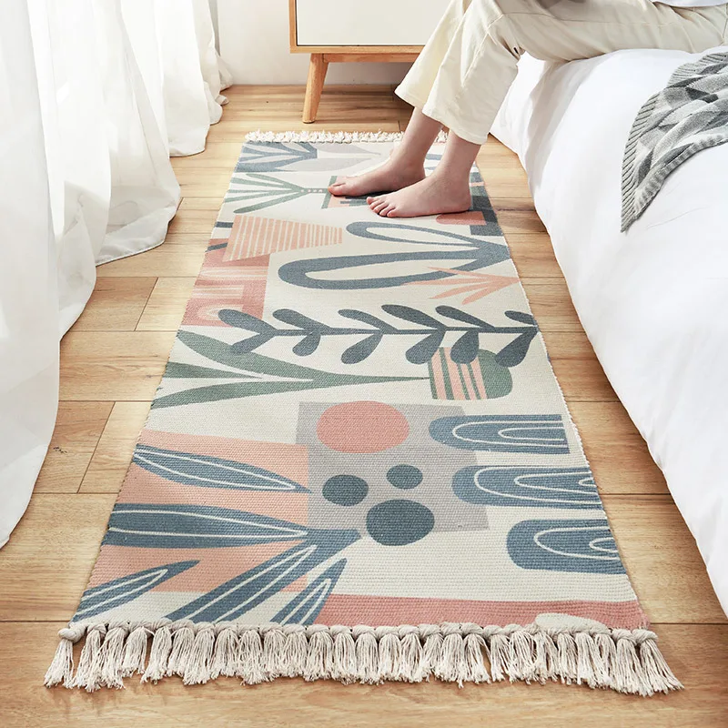 Ins Bedside Rug Carpet Cotton Linen  Mat Floor Mat with Tassels for Living Room Area Rug Doormat Cute Home