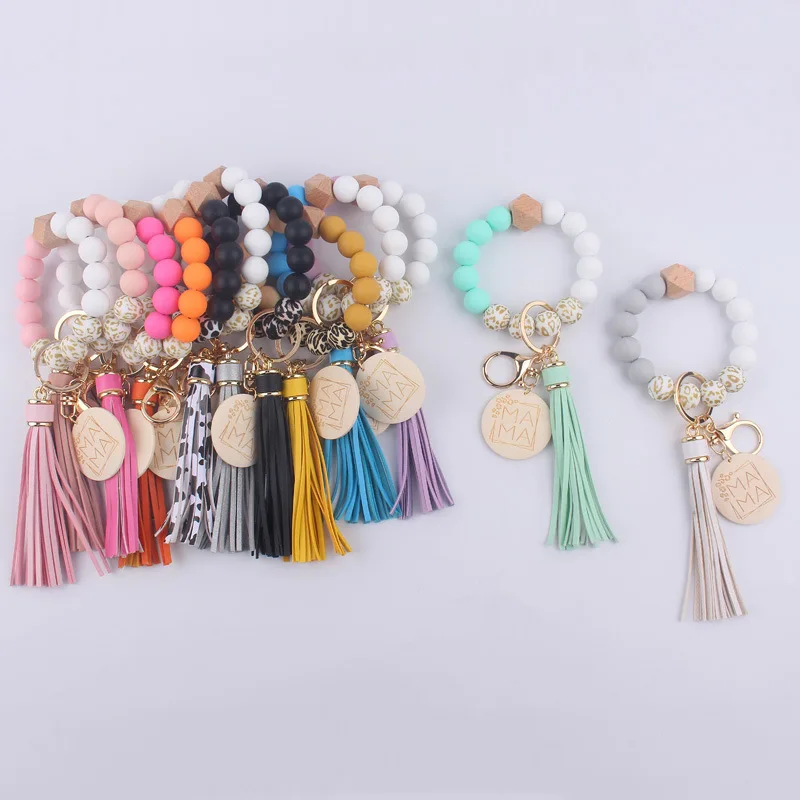 Silicone Beaded Wristlet Bangle ChainCute Key Ring Bracelet Car Key Chain Silicone Leopard Wristlet Keychain with Leather Tassel