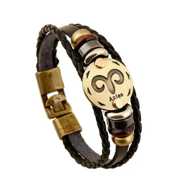 
Real Factory 12 Zodiac Cheap Personalized Vintage Punk Man Peace Truth Leather Zodiac Leather Bracelet Men 