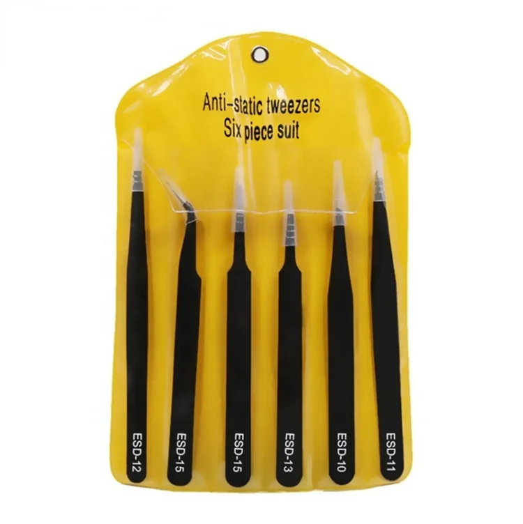 6 Pcs 1.0mm ESD Tweezers Anti-Static Stainless Steel Electronics Jewelry Craft ESD Tweezers Set Kit