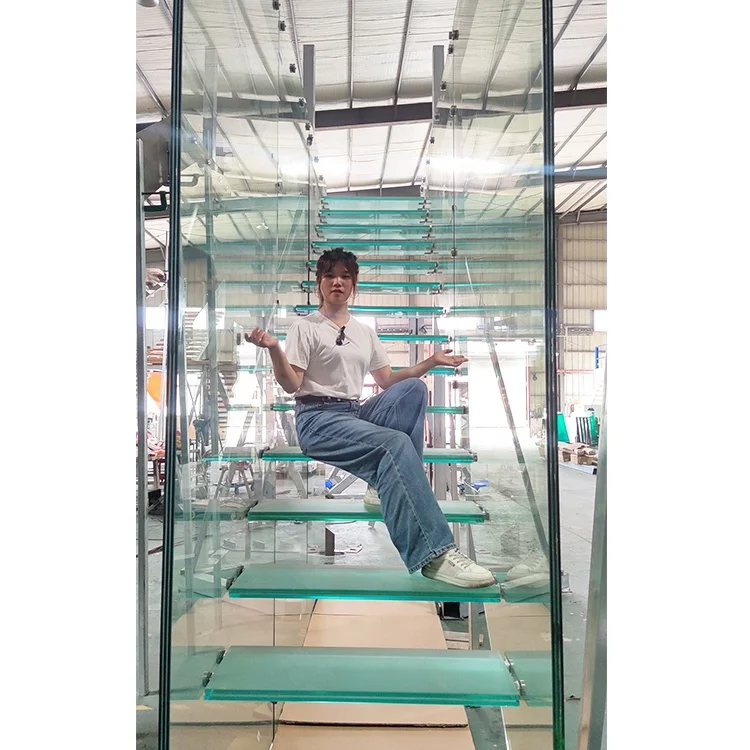 Factory Direct Price Prefab Glass Interior Stair Railing Stainless Steel Handrail Second Floor Indoor Floating Staircase
