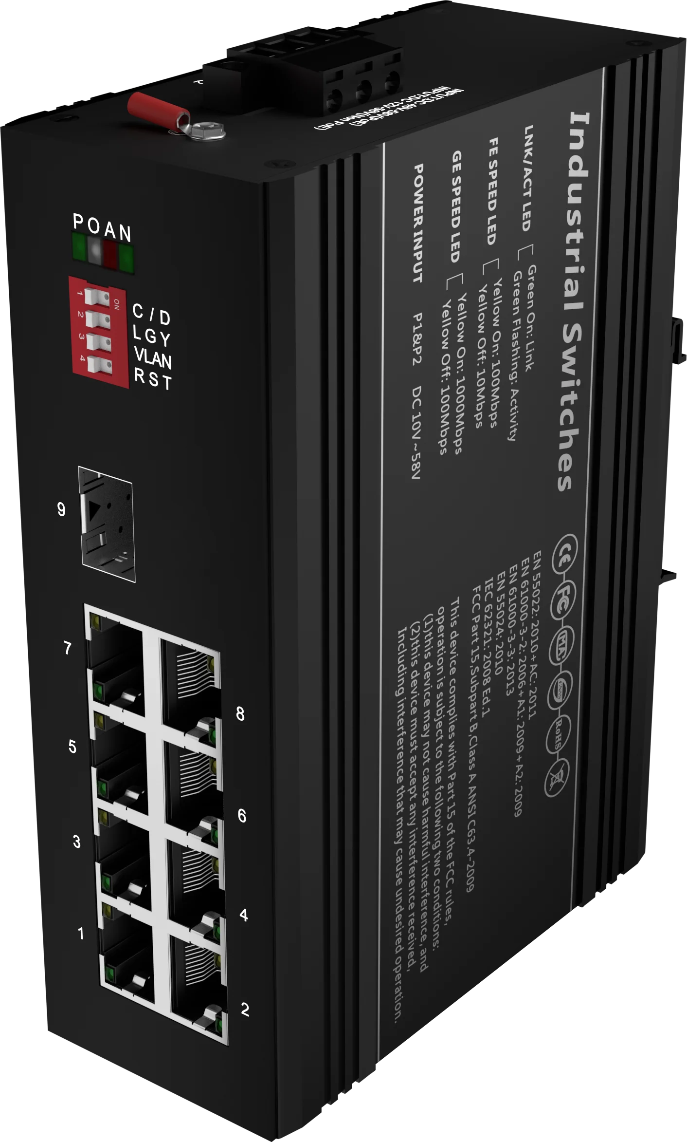 Todahika CE FCC RoHS Din-Rail 1 x Gigabit SFP 8 x 10 100 1000Base-T 26Gbps DC12V-58V input Industrial Switch