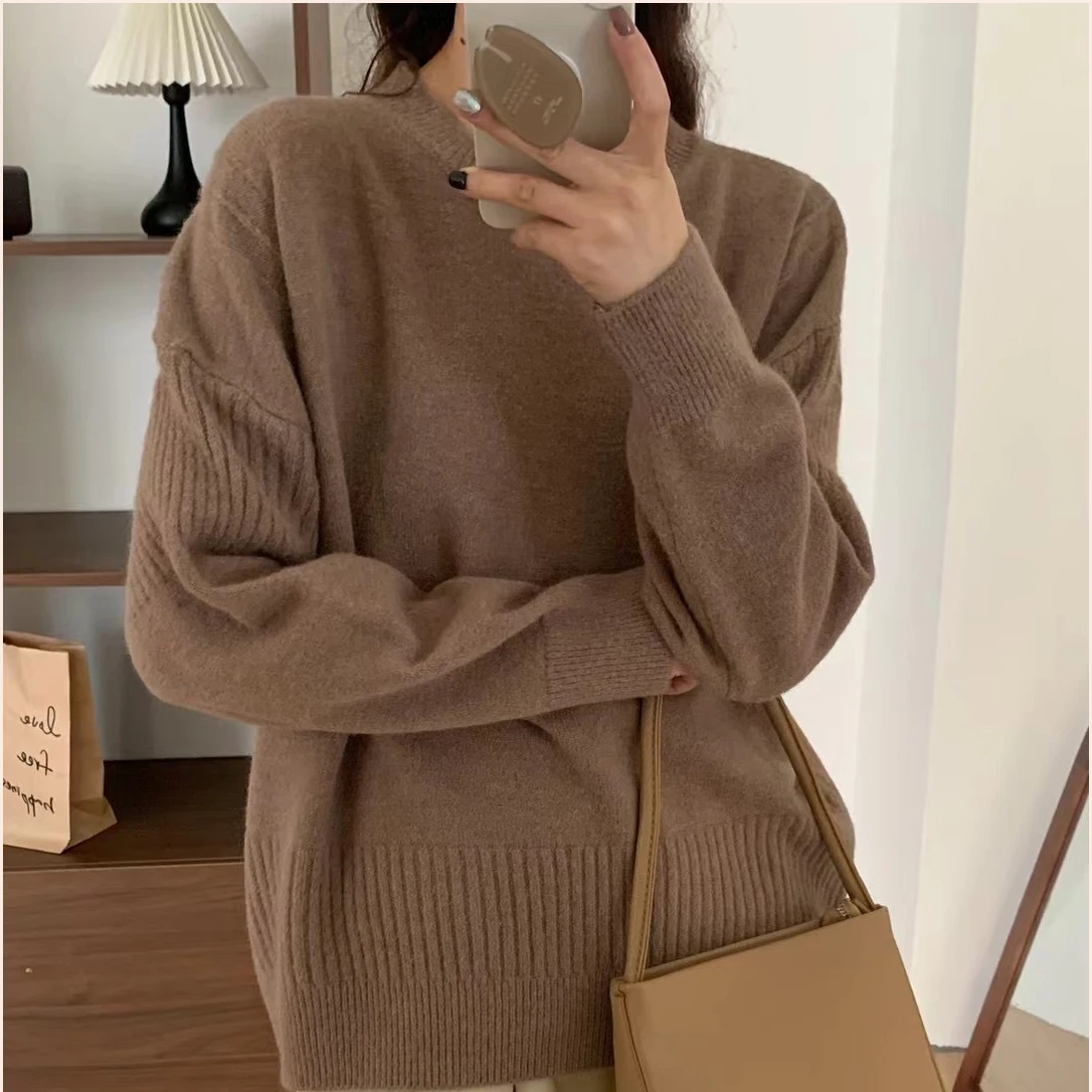 2024 Spring women high quality crew neck morandi color  long sleeve oversize cable knit pullover sweater jumper