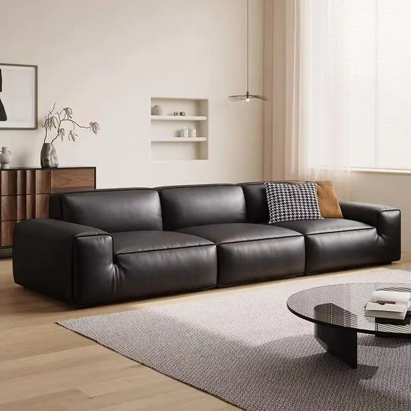 Black cow leather sofa living room Italian minimalist layer cowhide black tofu block all real leather sofa