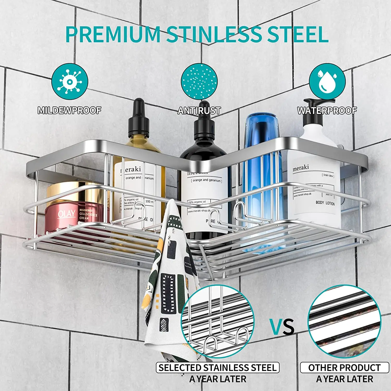 BX 2-Pack bathroom  stainless steel 304 /201/steel wire corner shower caddy  rack adhesive  shower shelves