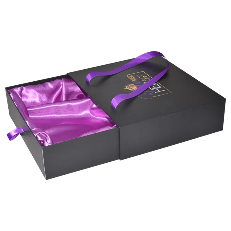 Rigid Boxes Pink Black Lager Paper Gift Drawer Box with Satin Lining for Lingerie Set Silk Robe