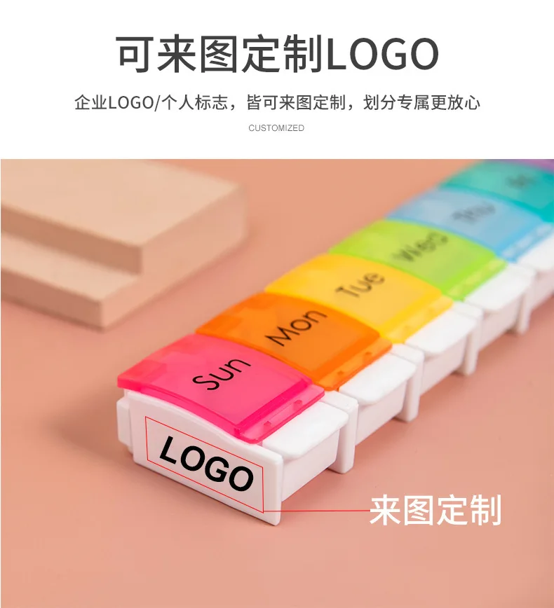 Weekly BPA-Free Travel Pill Organizer 7-Day Spring  rainbow Open Design Case Customizable plastic clear Pill Storage Boxes