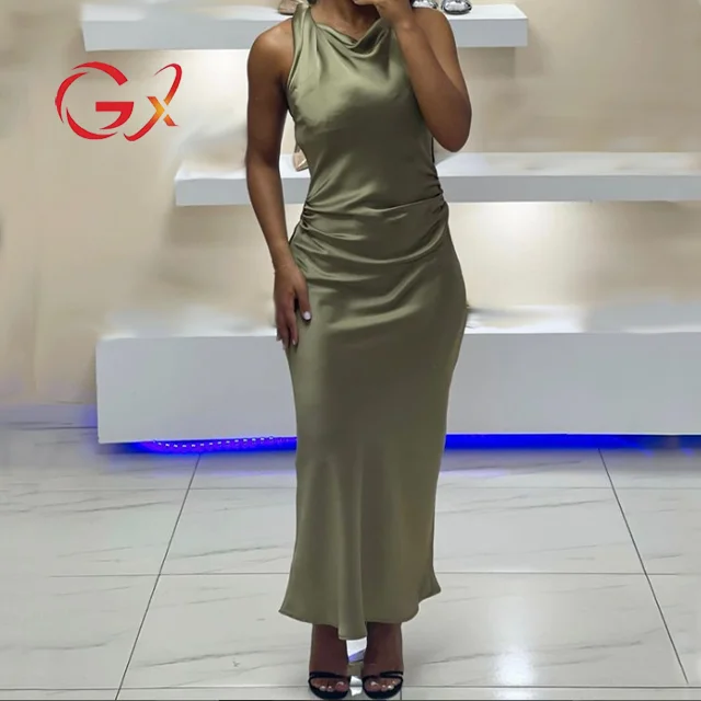 GX2090 Fashion 2024 summer clothing boutique sexy sleeveless o-neck satin long dress elegant casual maxi dresses