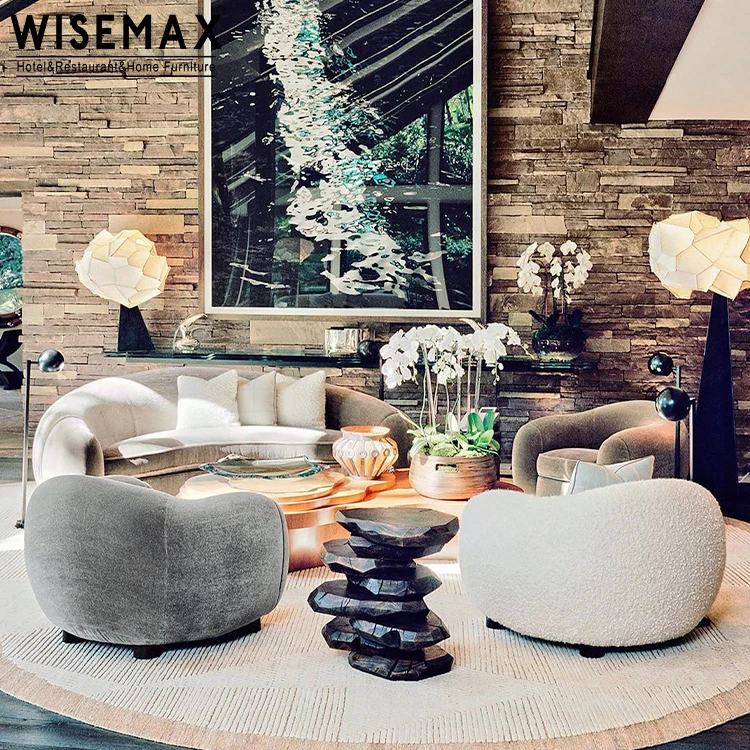 WISEMAX FURNITURE  luxury Living Room Furniture sofas set curved shaped Lamb Wool Fabric 3 seater Sofa accent single seat sofas