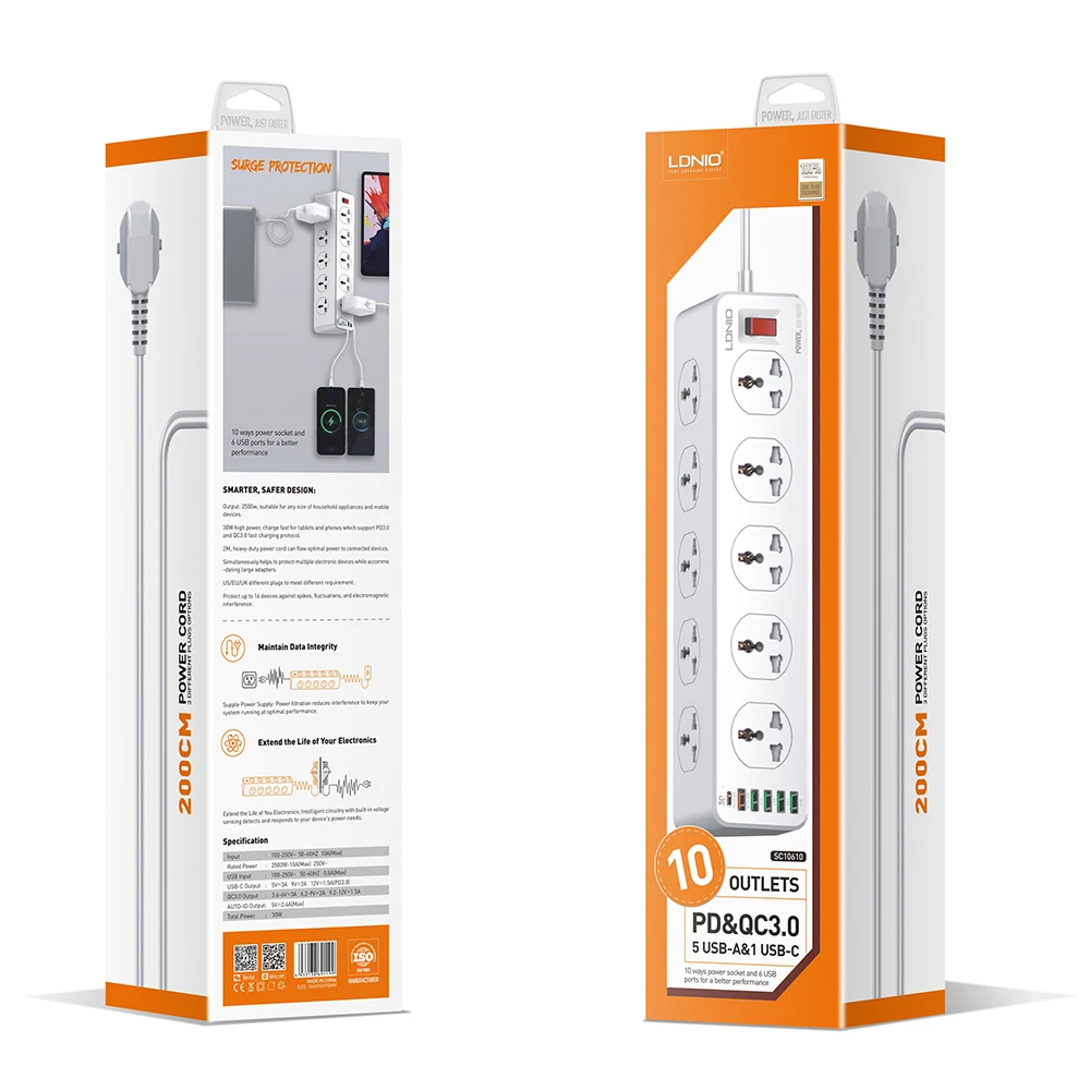 LDNIO SC10610 Power Strip With USB Port And Switch Extension Power Socket 2500 W 10 OUTLETS 5 USB-A 1 USB-C PD/QC 3.0 UK EU US