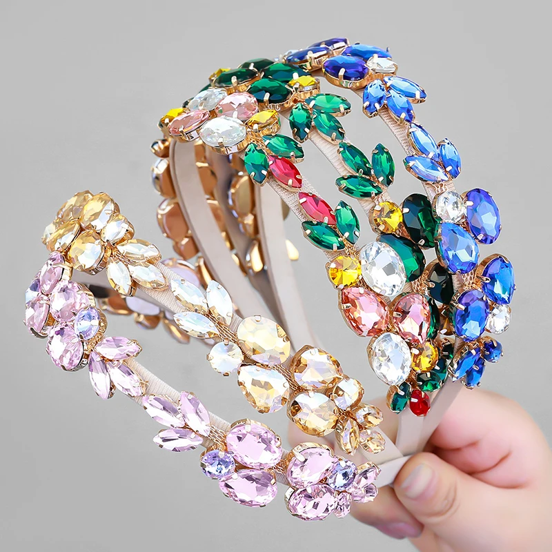 custom shower wash face spa dainty super sparkle velvet fabric pave multi color glass crystal headband for women