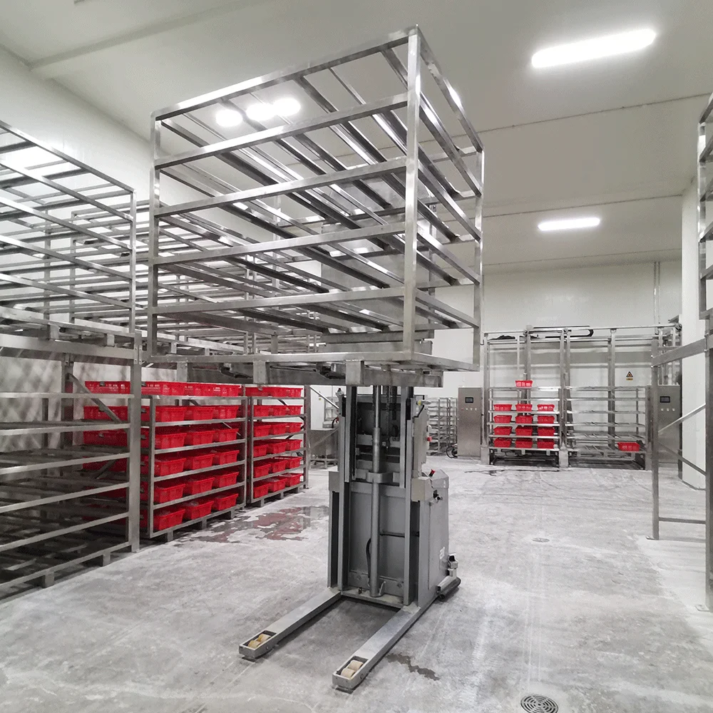 Cold Storage Warehouse Multi-layer Stainless Steel AGV Moving Shelves Meat Hanging Trolley