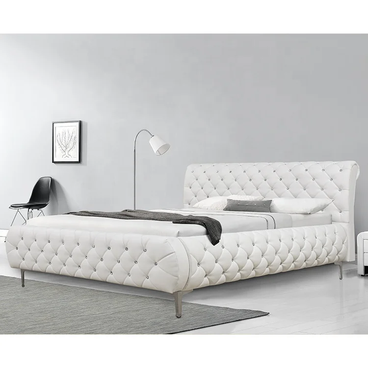 Willsoon New Store Modern Elegant Queen Size Bed Crystal Diamond High Headboard White PU Leather Soft Wooden Frame for Home