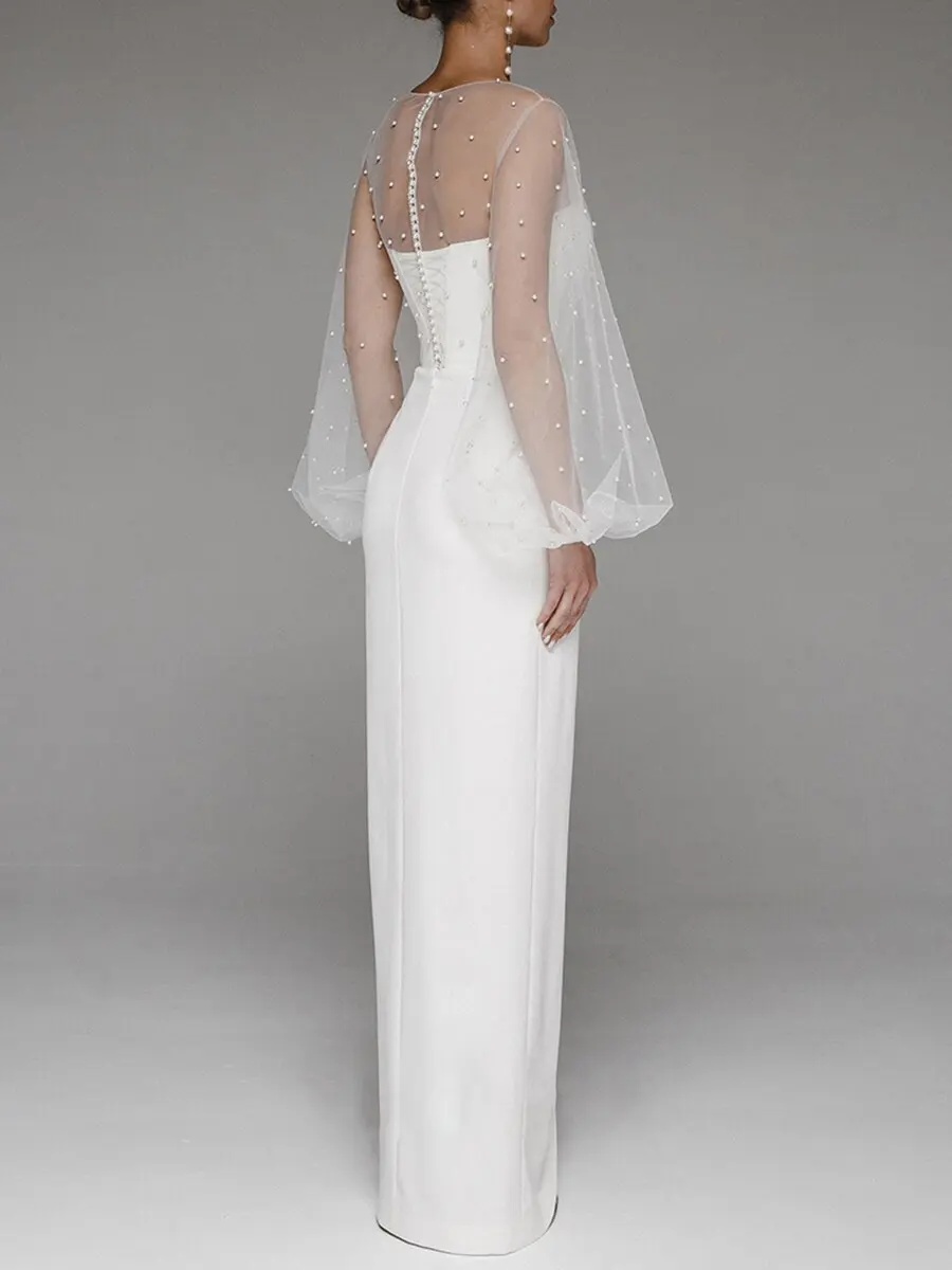 Droma 2022 new design fashion slim sexy strapless pearl buttock luxury modest bridal wedding dress with lace sleeves