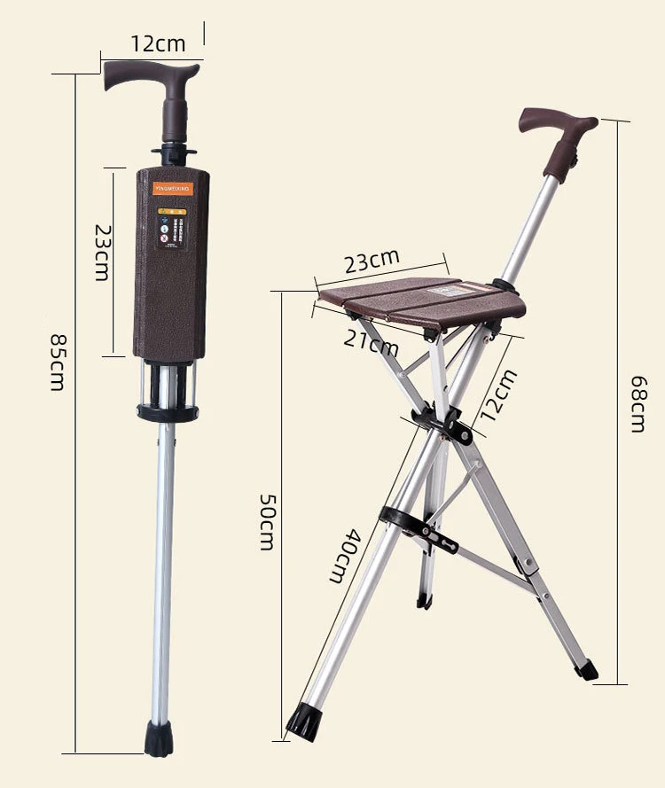 Lightweight Foldable Aluminum Telescopic Folding Three Legs Cane Elderly Disabled Walking Stick with Seat Stool