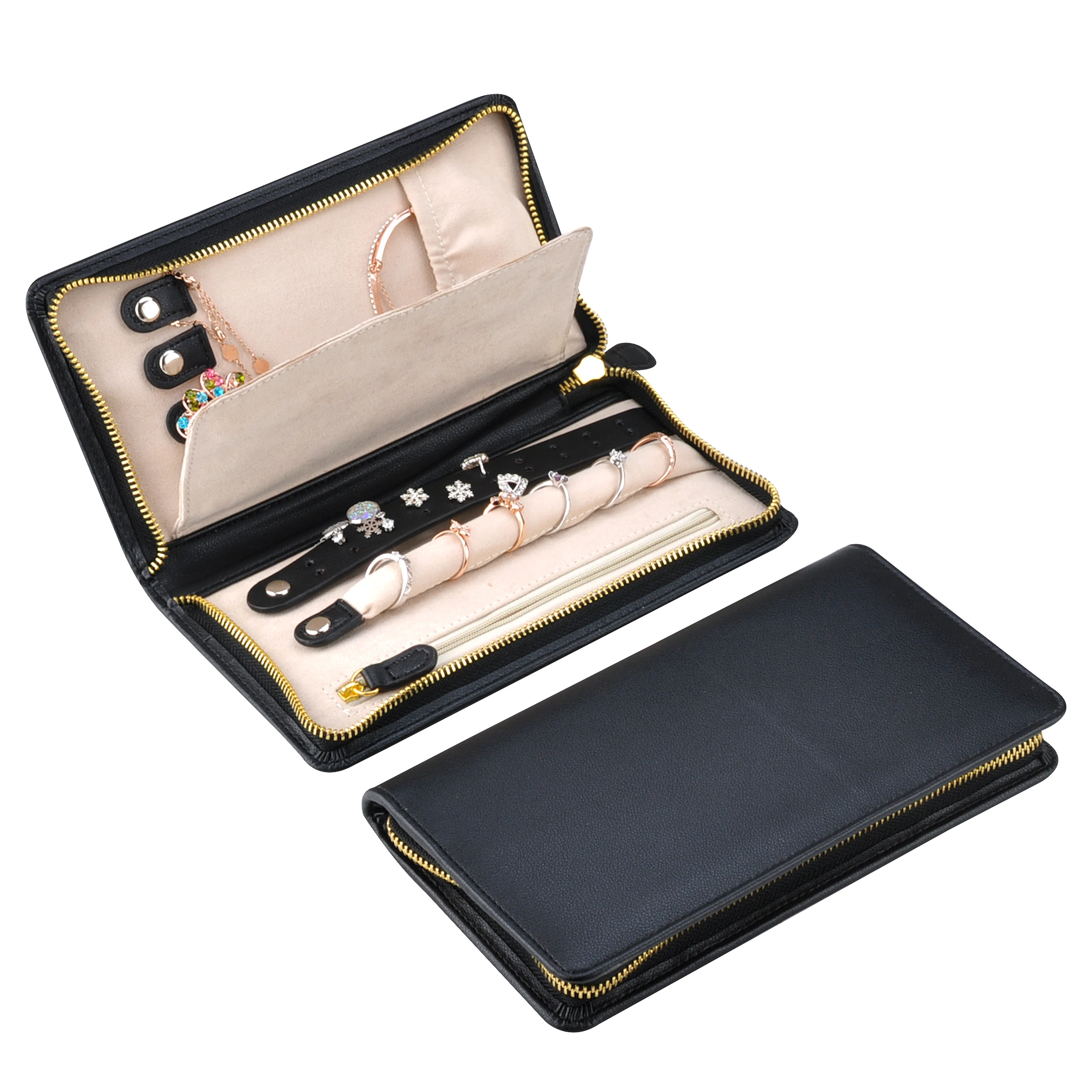 Wholesale fabric foldable velvet jewellery pouch case suede travel gift zipper leather jewelry organizer roll