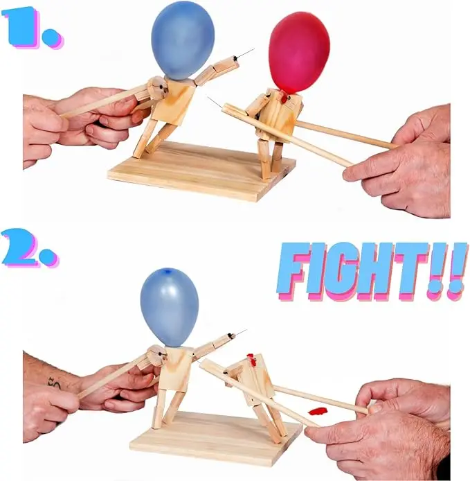 Handmade Wooden Fighter Puppet Head Fast Paced Balloon Battle Game 2 Players Inflatable Sports Christmas Halloween Easter