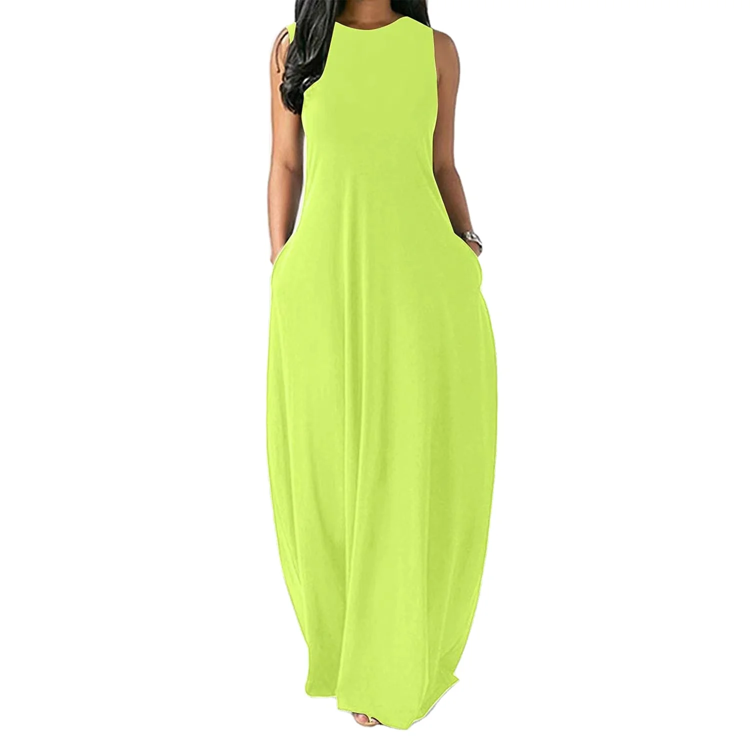 2021 Newest Design V Neck Suspender Strap Loose Pockets Ladies Solid Color Long Dress Women Fashion Casual Maxi Dresses