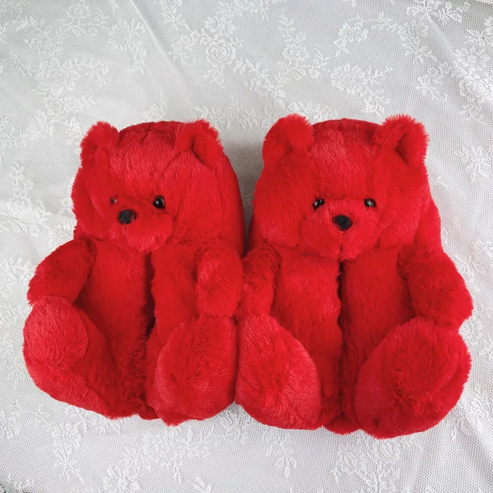  Fashion Design Winter Women Girl Fur Shoes Cute Cartoon Animal Teddy Bear Warm Slippers Bedroom Soft