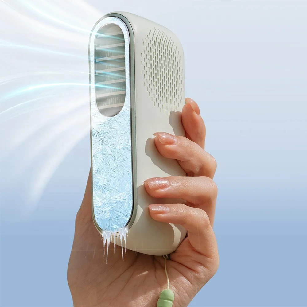 Custom Rechargeable Portable Mini Air Conditioner Ice Fan Outdoor Personal Fan Cold Compress Hand Held Neck Hanging Table Fan