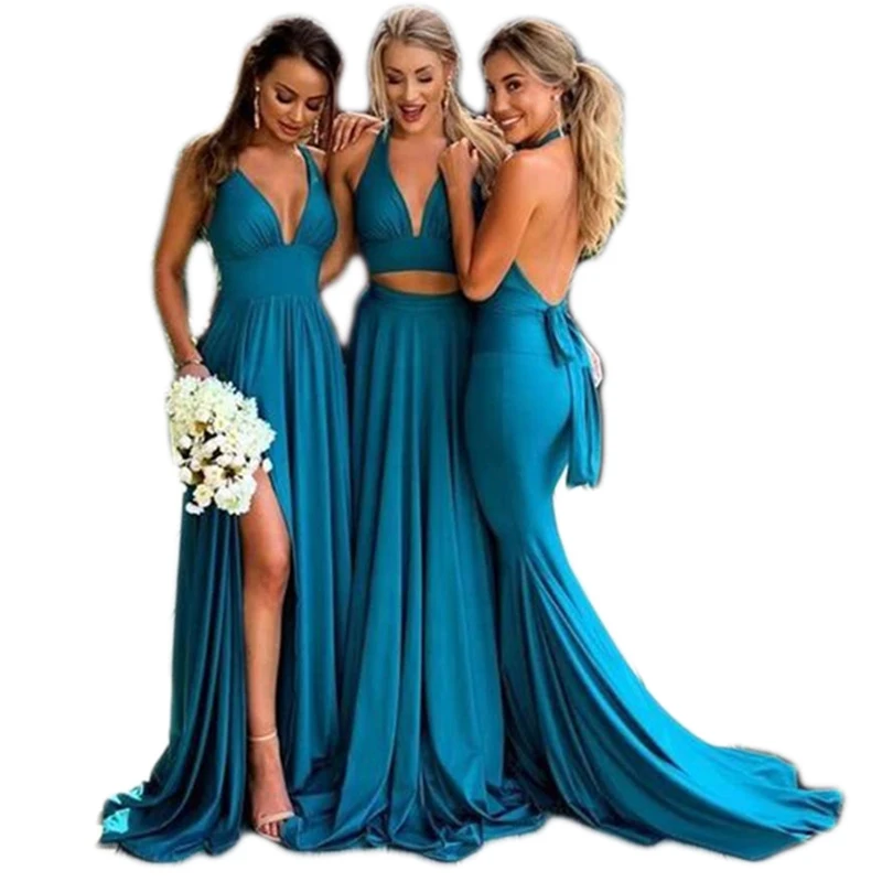 plus size gold long crystal V-Neck Bride Maid of Honor Gowns bridesmaids dresses Sexy wedding dress 2021