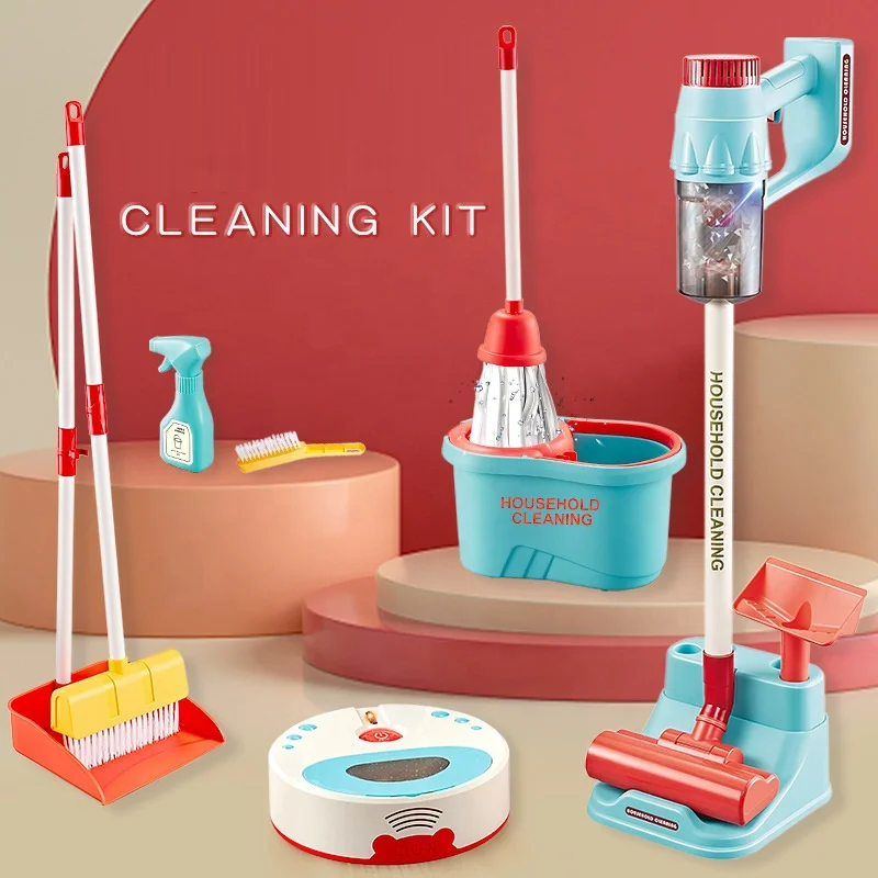 Simulation kids indoor pretend play toy household cleaning sweep tools set electric vacuum cleaner sweeper toy with light music