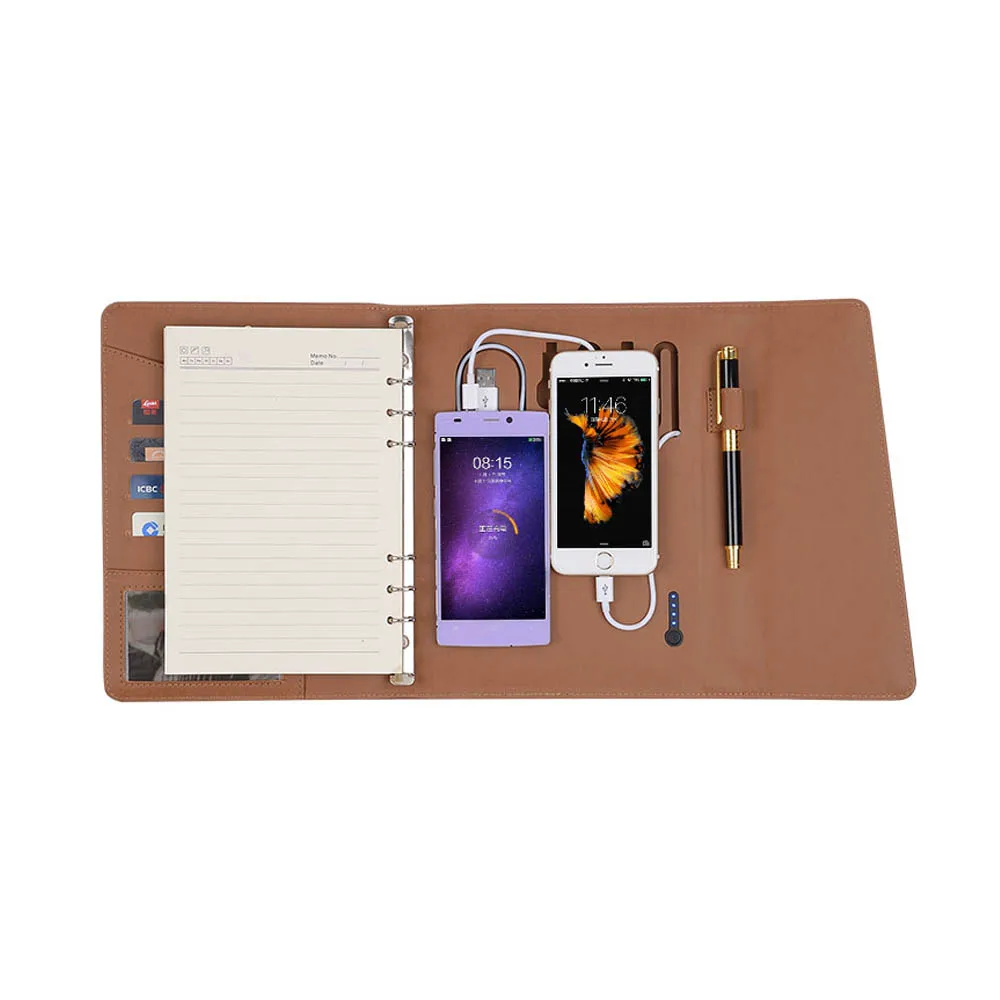 Wholesale PU Hardcover 6 Rings Binder Notebook Hardcover Journal Binder Folder Loose-leaf Notebook Cover Planner with Power Bank