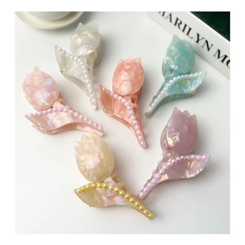 2023 Trendy 3 D Cellulose Acetate Rose Tulips Flower Hair Clip Shiny Multi Color Personalized Acetic Acid Claw Clips For Woman