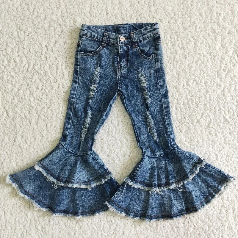 Wholesale New Fashionable Baby Girls Denim Blue Bell Bottom Kids Boutique Children Toddler Flared Pants Double Lace Pocket Jeans