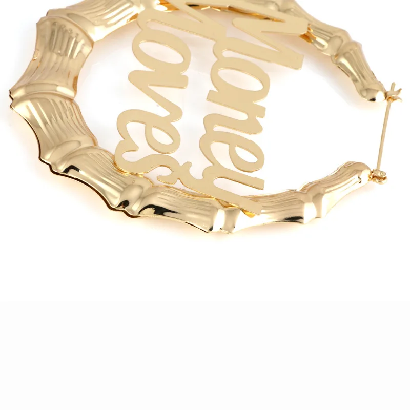 Hot Sale Custom Name Jewelry 5cm  6cm  9cm 12cm Big Hoop Double Name Bamboo Hoop Earrings For Women