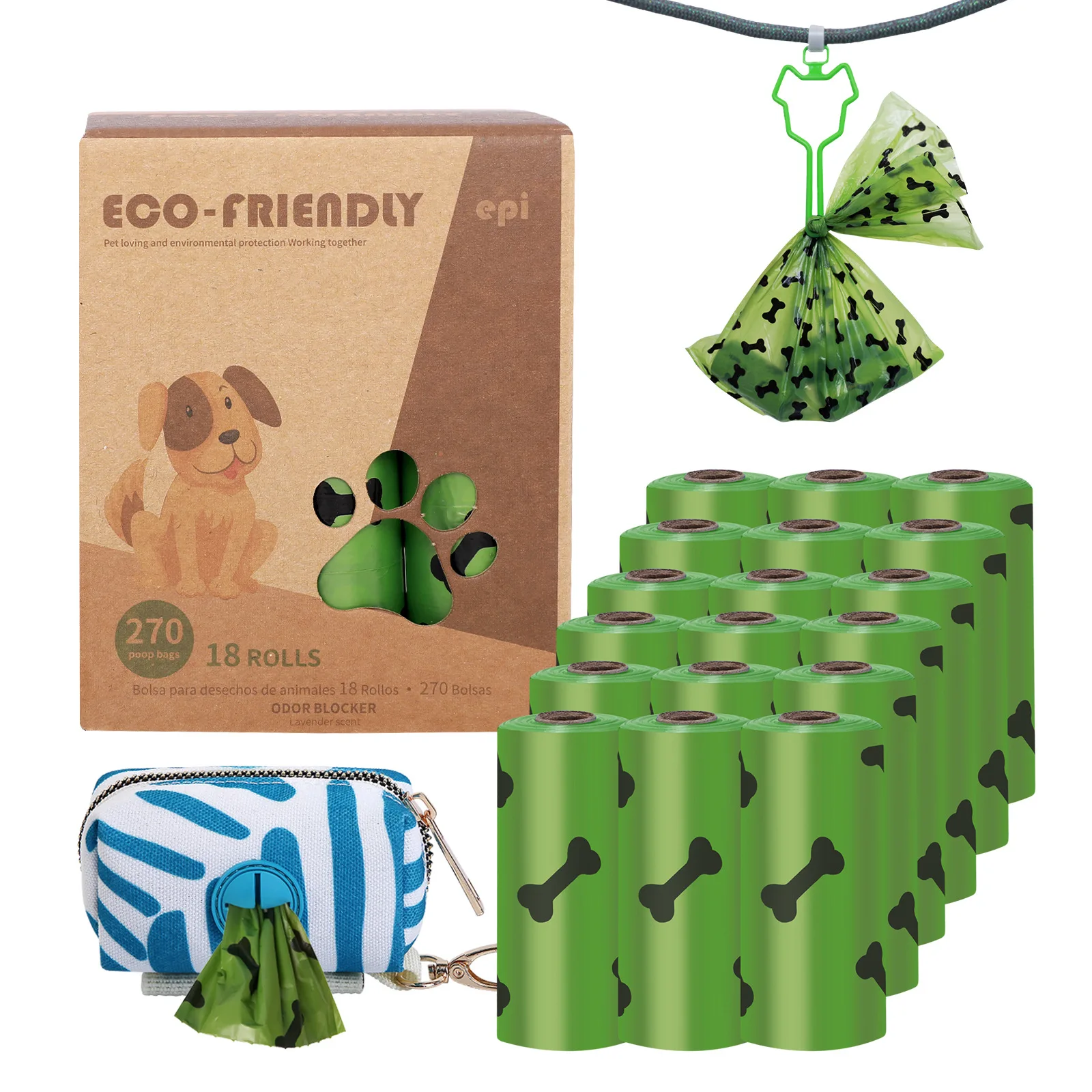 Compostable Eco-friendly Bone Print Poop Dog Bags Pet Waste Bag Biodegradable Dog Poop Bag Dispenser Custom