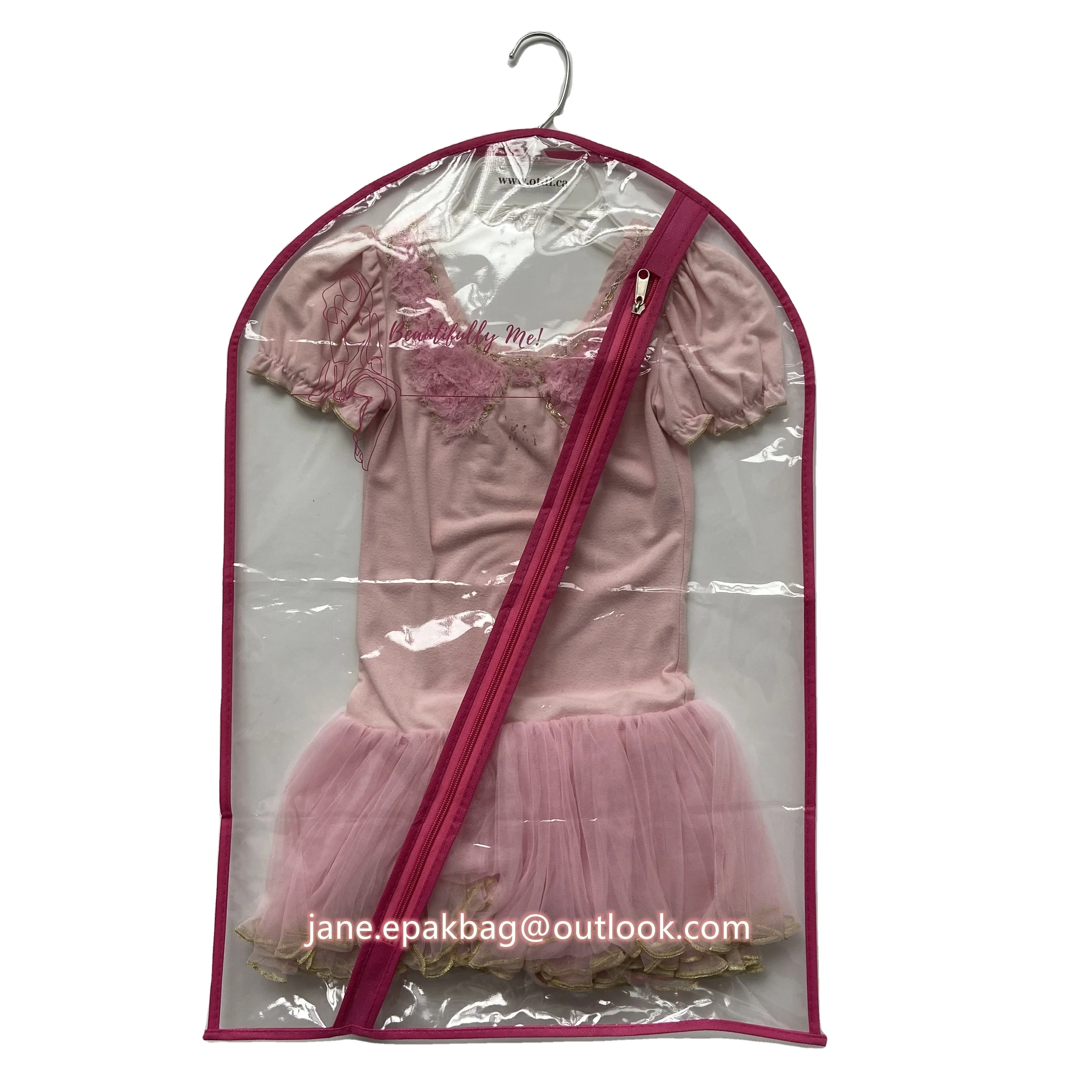 46x70cm hot pink trim clear pvc dance costume garment bag with pockets personalized Clear Garment Bag with ID Pocket
