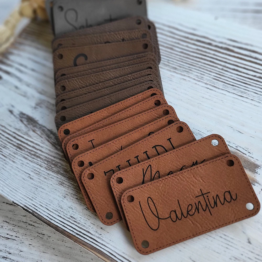 ECO Faux Personalized Name Label Laser Engraved Leather Stocking Patch For Beanies Clothing Knits And Crochet