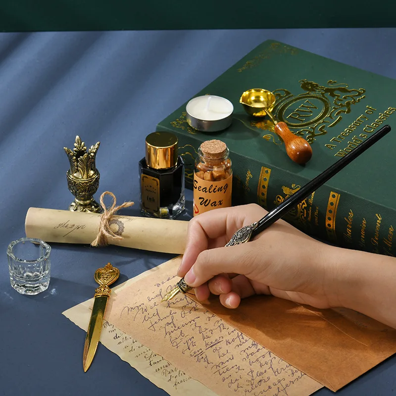New Design Wood Calligraphy Dip Pen Set  Fountain Pens Birthday Gift Box Wax Seal Stamp Kit