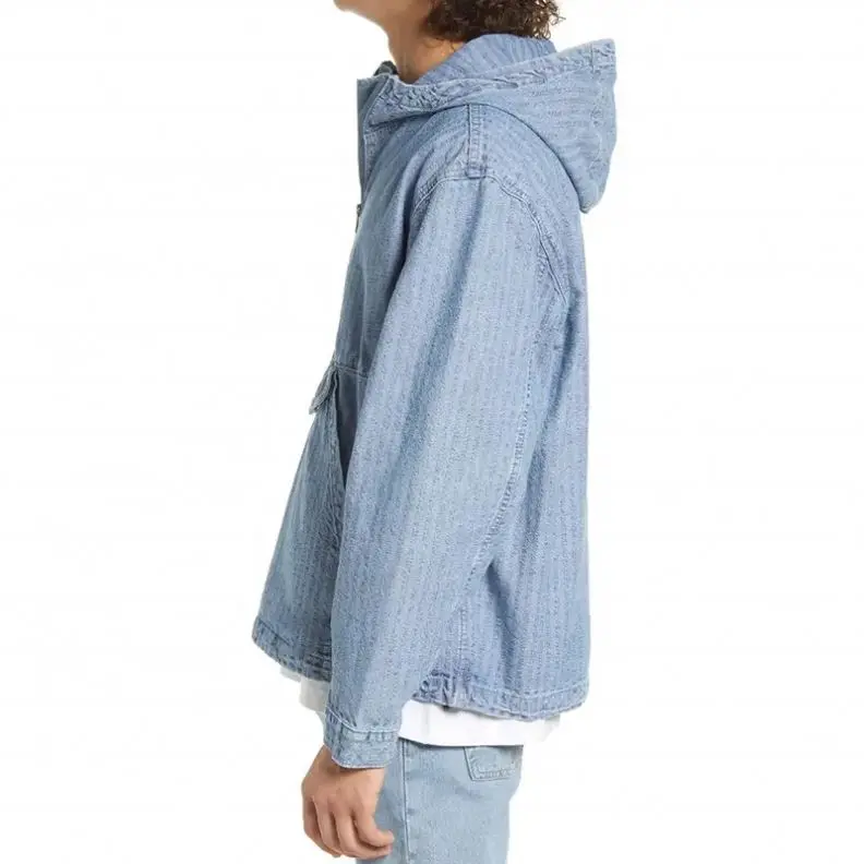 DOVEN OEM Manufacturer Custom Logo Cotton Cargo Vintage Faded Denim Anorak Half Zipper Placket Mens Windbreaker Jacket Hoodie